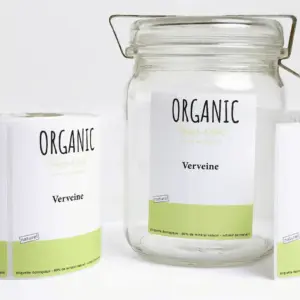 Etiquettes minérales en rouleau et sur un bocal pour produit alimentaire