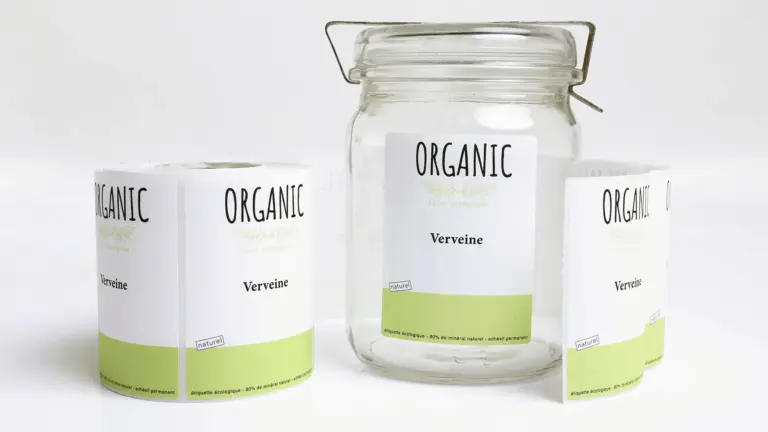 Etiquettes minérales en rouleau et sur un bocal pour produit alimentaire