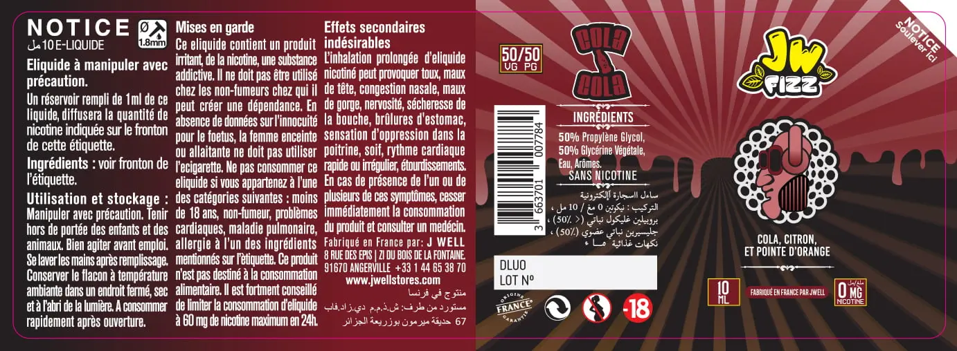 40X114 10ML COLA FIZZ 10ml ALGERIA-0mg