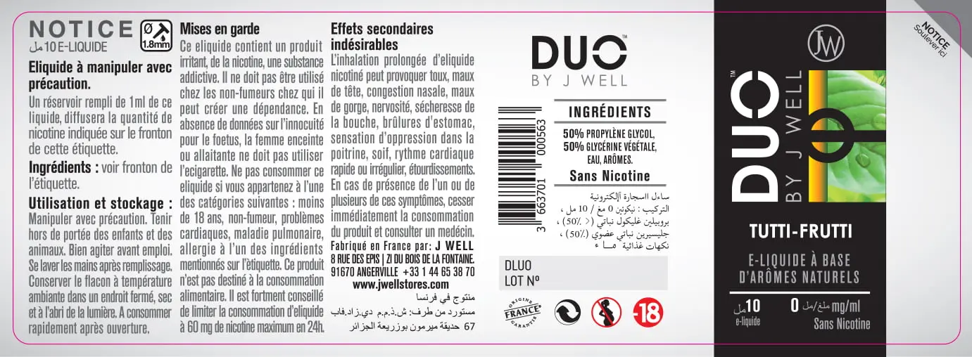 40X114 10ML DUO TUTTI FRUTTI 10ml ALGERIA-0mg