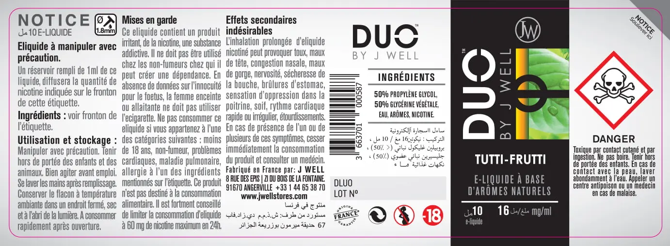 40X114 10ML DUO TUTTI FRUTTI 10ml ALGERIA-16mg