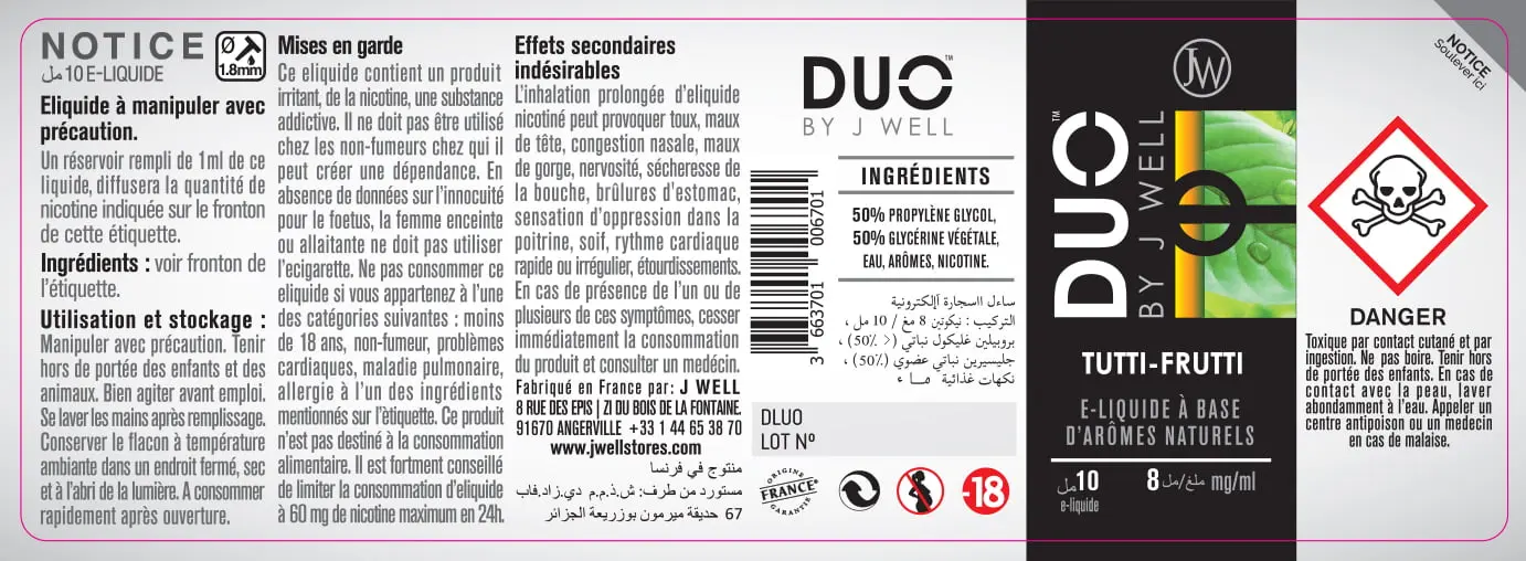 40X114 10ML DUO TUTTI FRUTTI 10ml ALGERIA-8mg