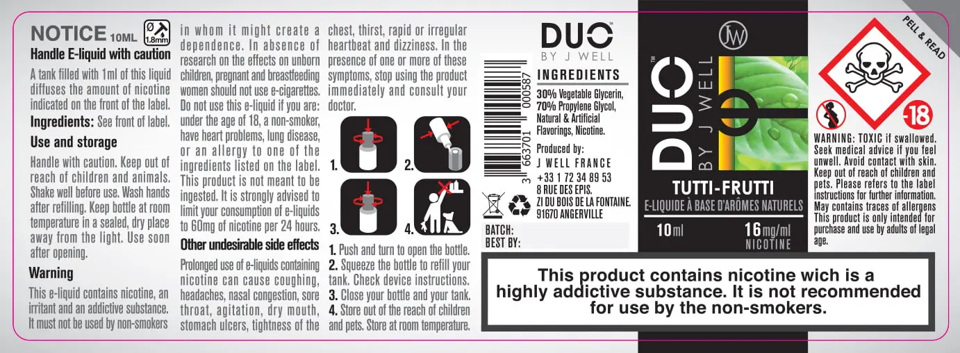 40X114 10ML DUO TUTTI FRUTTI 10ml-UK - 16mg