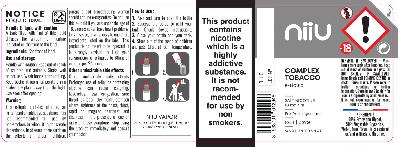40X114 10ML Niiu Salt 10mg_10ml_UK Complex Tobacco