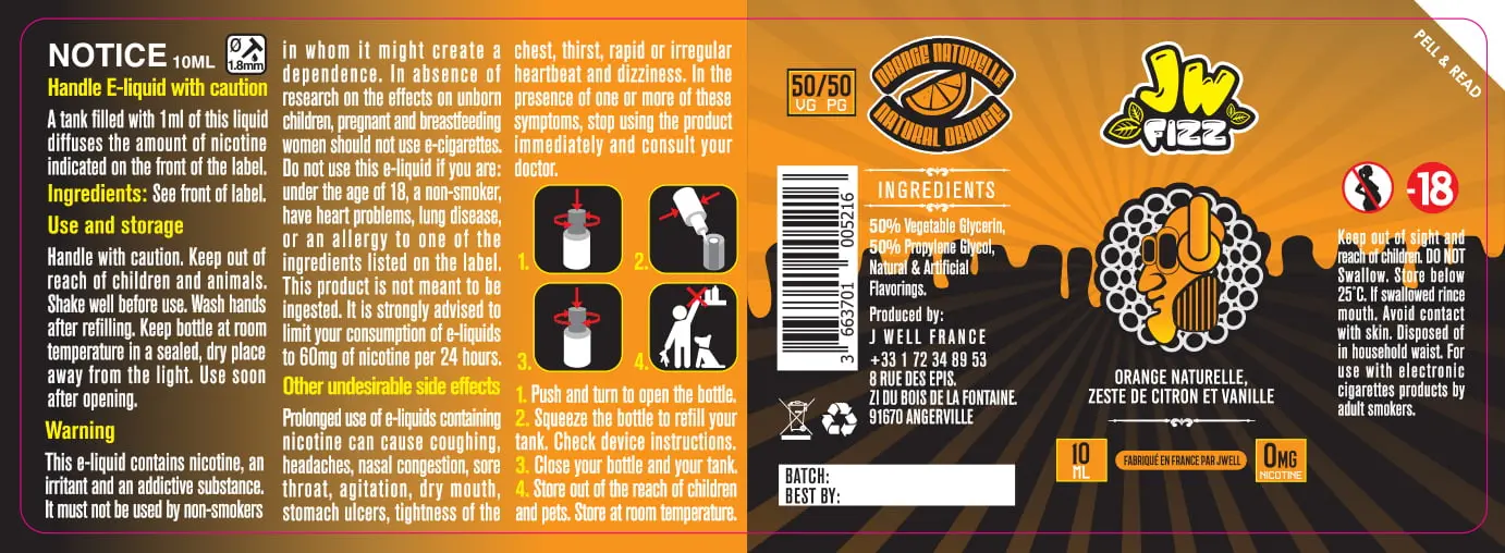 40X114 10ML ORANGE NATURELLE 10ml - JW FIZZ-0mg