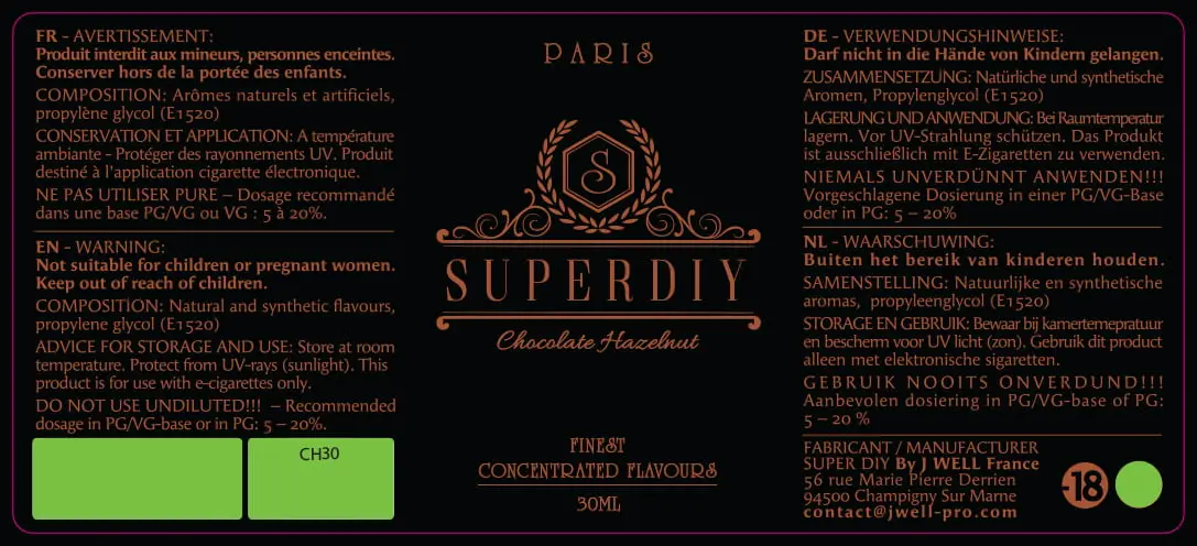 40X90 30ML SUPERDIY-CHOCOLAT-HAZELNUT_PPAG PELCOB